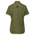 A short-sleeve women's outdoor shirt in olive green with a logo on the back.