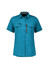 Teal short sleeve women's outdoor shirt with a collar and front pockets, featuring a logo.