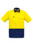 A short sleeve shirt in high visibility yellow and navy blue, featuring two front pockets and a logo.
