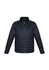 A men's puffer jacket in black with a zip front and a high collar. It has a branded logo on it.