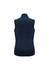 A navy women's vest featuring a high collar and no sleeves, with a logo on the back.