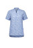 A blue and white tunic featuring a stardust print, with a v-neck and short sleeves. It has a branding logo.