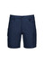 Men's essential stretch cargo shorts in navy blue, featuring side pockets and a logo.