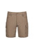 Men's essential stretch cargo shorts in a khaki colour, featuring multiple side pockets and a button closure.