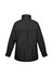 A black unisex puffer jacket featuring a high collar and adjustable cuffs, with a logo on the design.