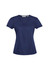A navy women's chic top with short sleeves and a scoop neckline, featuring a logo on the label.