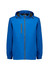 A blue unisex packable rain jacket with a zip front, hood, and a contrasting interior. Features a logo.