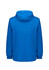 A blue unisex super light packable rain jacket with a hood and elastic cuffs, featuring a logo.