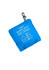 A blue packable rain jacket compressed into a small pouch with a hook for easy attachment. It features a logo.