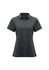 A women's short sleeve polo shirt in dark grey, featuring a collar and a three-button placket. It has a logo.