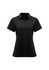 A women's short sleeve polo in black, featuring a collar and a button placket, with a logo on the chest.