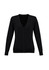 A black women's knitted cardigan featuring a V-neck and button front closure. The sleeves are long and fitted.