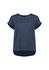 A women's short sleeve blouse in navy blue with a round neckline and a slightly longer back hem. It features rolled sleeves.