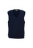 A navy women's V-neck knit vest with a sleeveless design and ribbed waistband, featuring a logo.