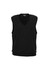 A black women's V-neck knit vest with a sleeveless design and a ribbed hem. Features a logo on the label.