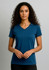 A women's short sleeve polo in deep blue, featuring a collar and a fitted silhouette, with branding.