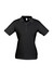 A women's short sleeve polo shirt in black, featuring a classic collar and a logo.