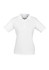 A white short sleeve polo shirt for women, featuring a classic collar and a logo on the chest.