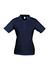 A women's navy short sleeve polo shirt featuring a classic collar and a logo.