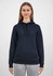 A dark navy women's hoodie featuring a front pocket and drawstring hood, modelled by a woman.