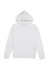 A white women's hoodie with a front pocket and adjustable drawstrings on the hood, featuring a logo.