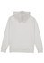 A white men's hoodie with a back view, featuring a hood and long sleeves. It has a logo on the back.