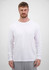 A long sleeve white tee for men, featuring a simple design and a logo on the front.