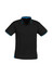 A black short sleeve polo shirt featuring blue trim and a logo.