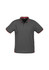 A men's short sleeve polo in grey with red accents. It features a collar and a logo.