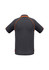 A grey short sleeve polo shirt featuring orange accents and a logo on the back.