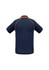 A navy blue short sleeve polo shirt featuring orange accents and a logo on the back.