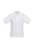 A white short sleeve polo shirt with a collar and logo. Suitable for casual and active wear.