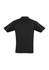 A black men's short sleeve polo shirt featuring a logo and contrasting stitching on the shoulders.