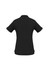 A black women's polo shirt with short sleeves and a subtle logo on the sleeve.