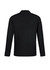 A black long sleeve polo shirt with a collar, featuring a logo on the back.