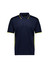 A navy short sleeve polo with yellow accents and a logo on the chest. It features a classic polo collar.