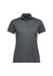 A women's short sleeve polo in a dark grey shade, featuring a collared neckline and button placket. It has a logo.
