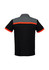 A black short sleeve polo shirt featuring grey and orange stripes. The shirt has a branding logo on it.