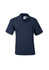 A navy short sleeve polo shirt featuring a collar and a branded label. 