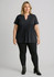 A model wears black high-rise pull-on corporate leggings paired with a black top and ankle boots. The image features a logo.