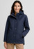 A navy women's jacket with a hood, featuring buttons, a relaxed fit, and a logo on the chest.