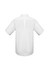 A white short sleeve button-up shirt featuring a back pleat and a collar, with a logo on the collar.