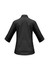 A women's black 3/4 sleeve button-up shirt with a collar and back detailing. The shirt features a logo.