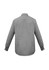 A grey button-up long sleeve shirt with a checked pattern and a logo on the back.