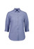 A women's blue and white striped button-up shirt with 3/4 sleeves and a collar. Features buttons down the front and a logo.