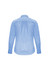 A light blue women's long sleeve button-up shirt featuring a back pleat and cuffs. It has a logo on the shirt.