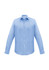 A light blue long-sleeve button-up shirt with a collar and a logo on the label.