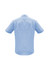 A light blue short sleeve button-up shirt with a tailored fit and a logo on the back.