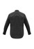 A long sleeve button-up shirt in a black and grey check pattern, featuring a collar and a logo.