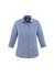 A blue, button-up shirt with 3/4 sleeves and a collar, featuring a subtle pattern and a logo.